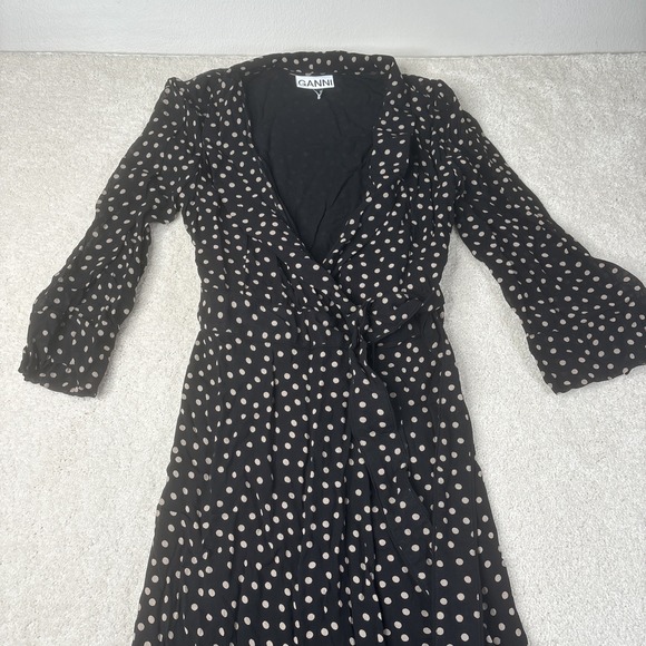 Ganni Georgette Wrap Maxi Dress Women's Size 38 Black White Polka Dot 3/4 Sleeve - Picture 3 of 16